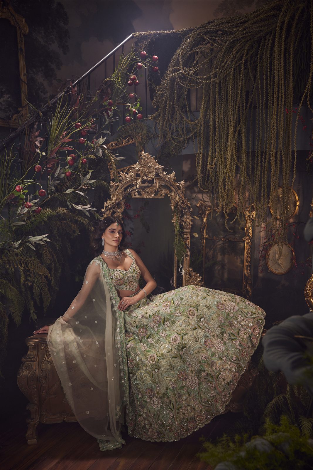 Charmie Galaiya couture — hand-embroidered sage and gold lehenga