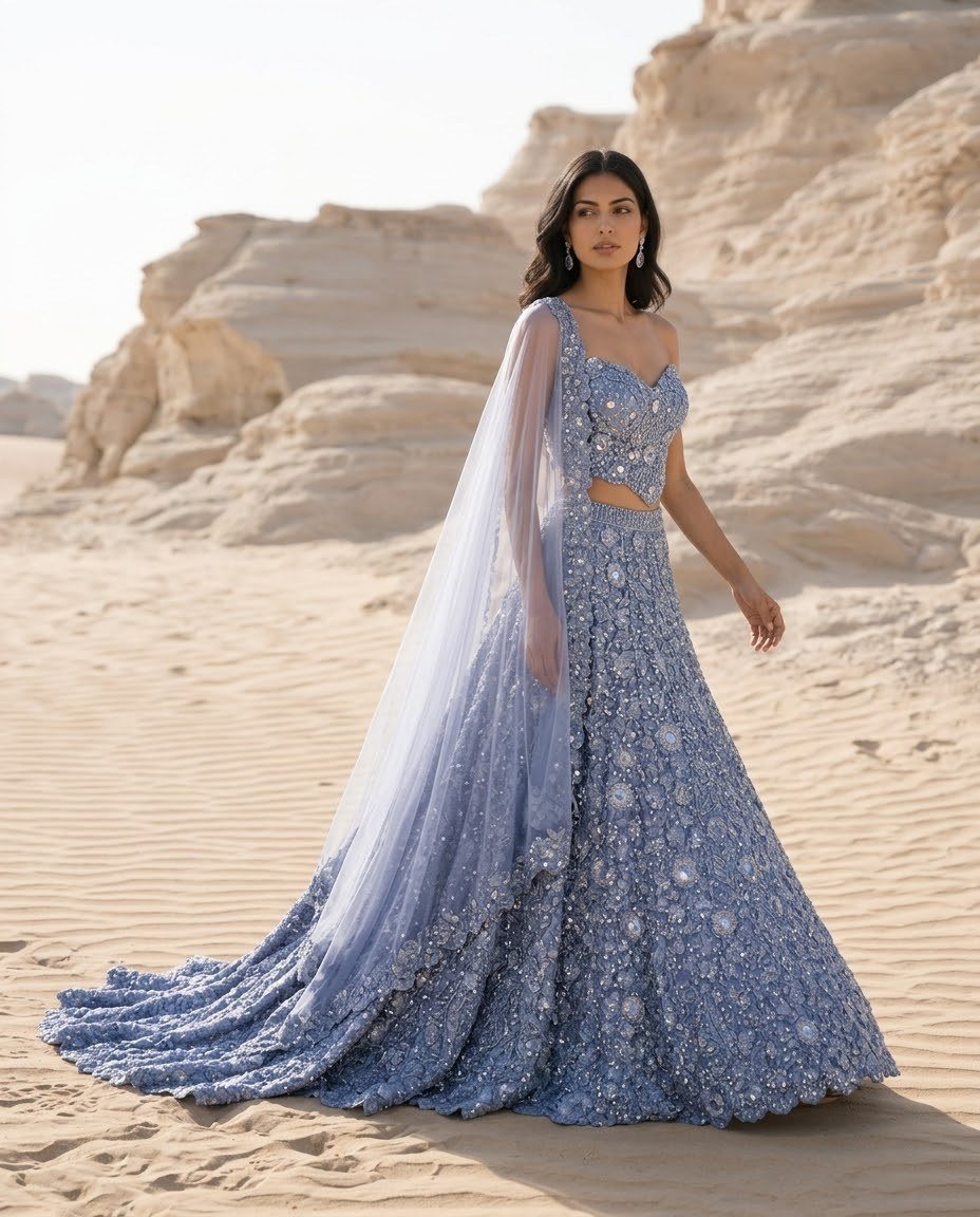 Pearls and Petals lookbook — Dusty Blue Lehenga Set, Dusty Blue · Bridal Lehenga: A dusty-blue lehenga set in silver pearl and dabka work with hand-cut petals and a floor-length sheer dupatta.