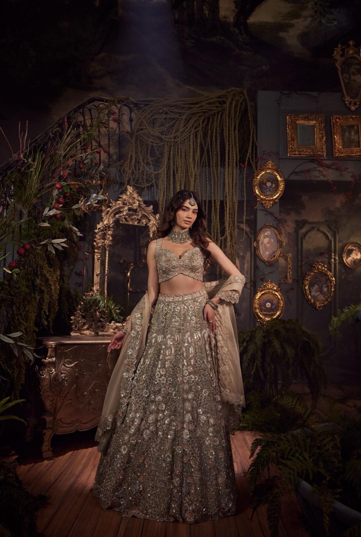 Phool Bahar lookbook — Jade Garden, Seafoam Opal: A soft green lehenga in seafoam opal, brought to life with threadwork and fine embellishments — freshness with timeless elegance.