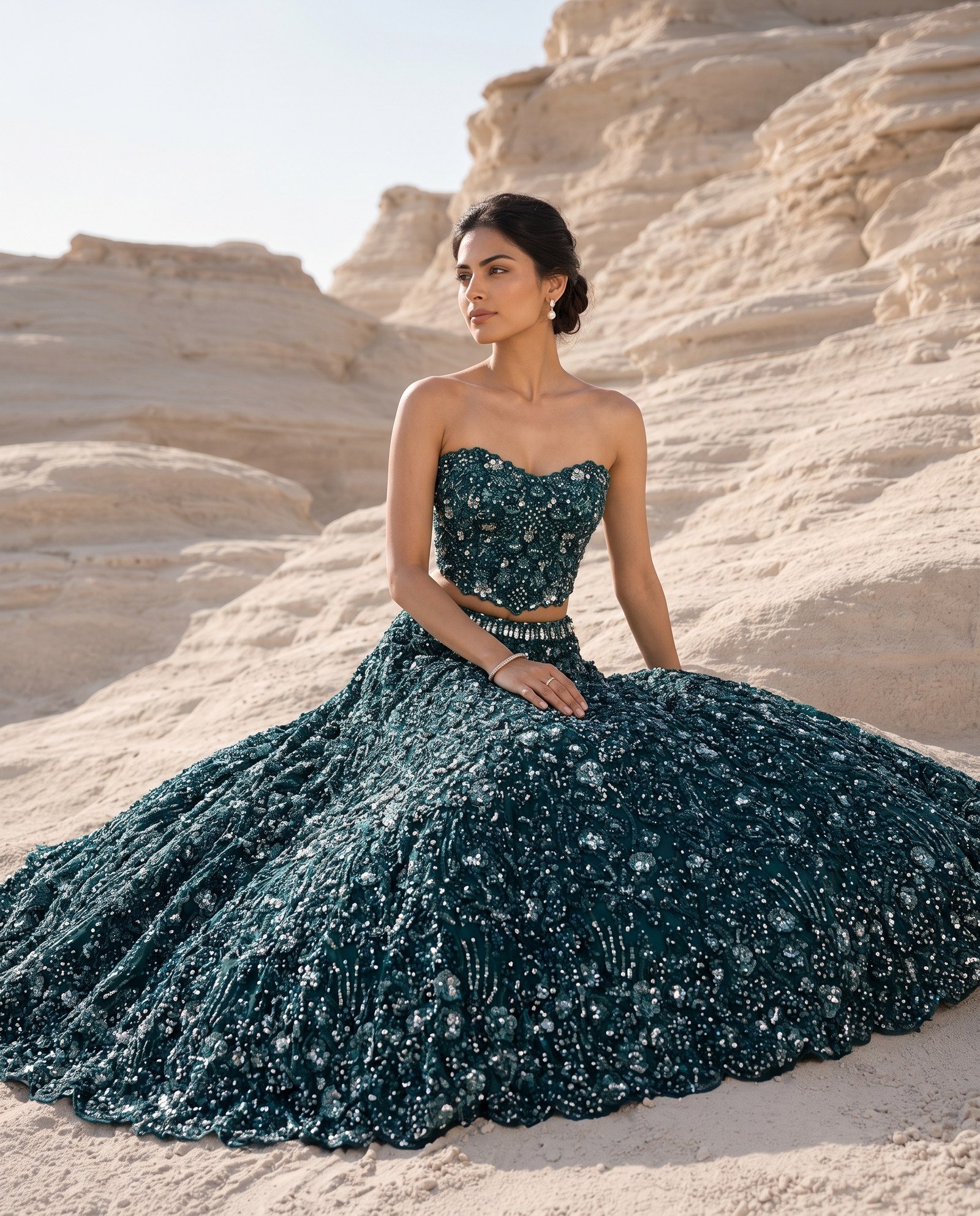Pearls and Petals lookbook — Emerald Green Lehenga Set, Emerald Green · Bridal Lehenga: An emerald-green lehenga set in zardozi and sequin handwork with sculpted petals — jewel-toned bridal drama.