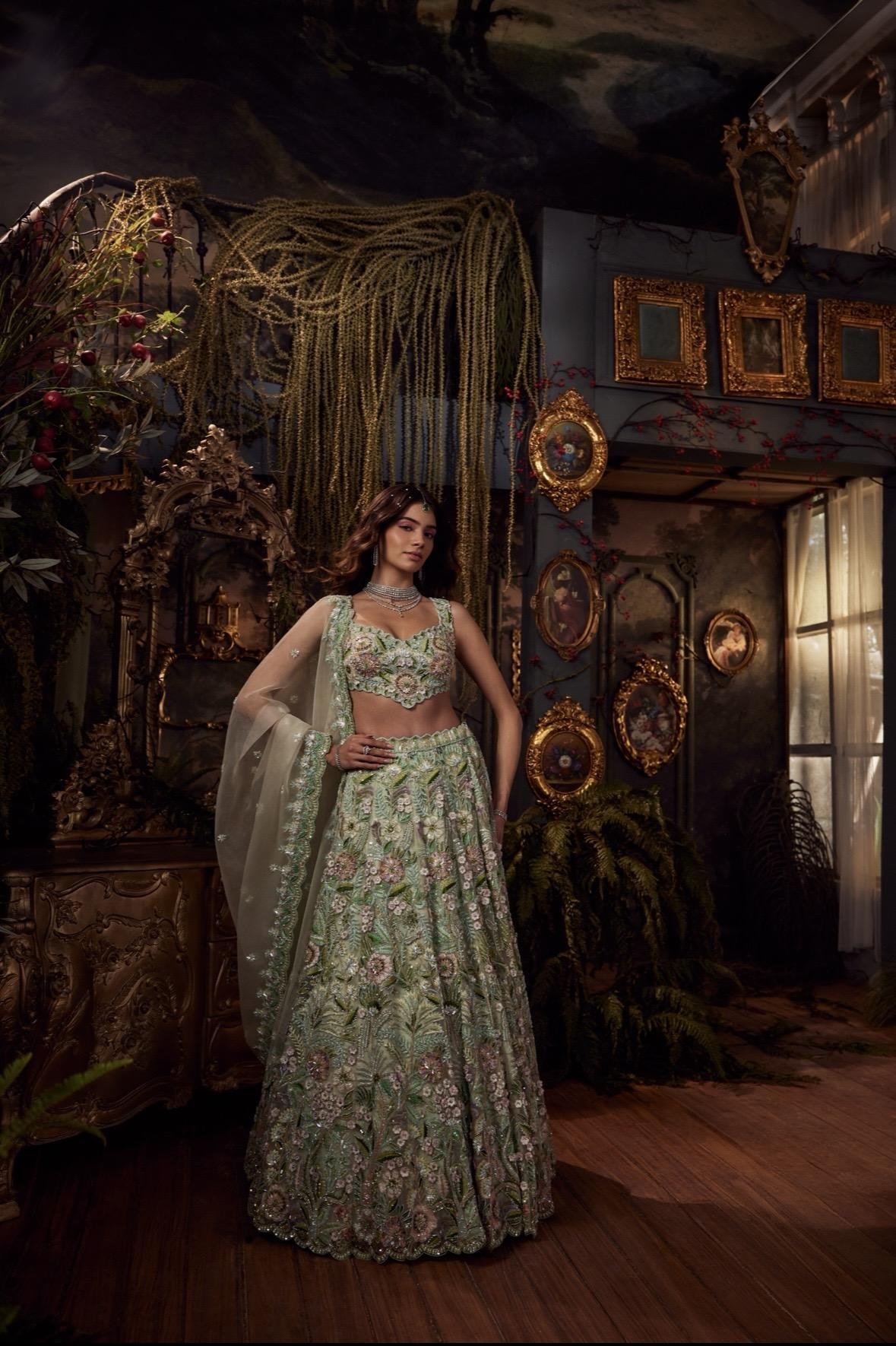 Phool Bahar lookbook — Green Lehenga Set, Green · Bridal Lehenga: A green lehenga set from the Phool Bahar collection — hand-crafted made-to-order couture by Charmie Galaiya.