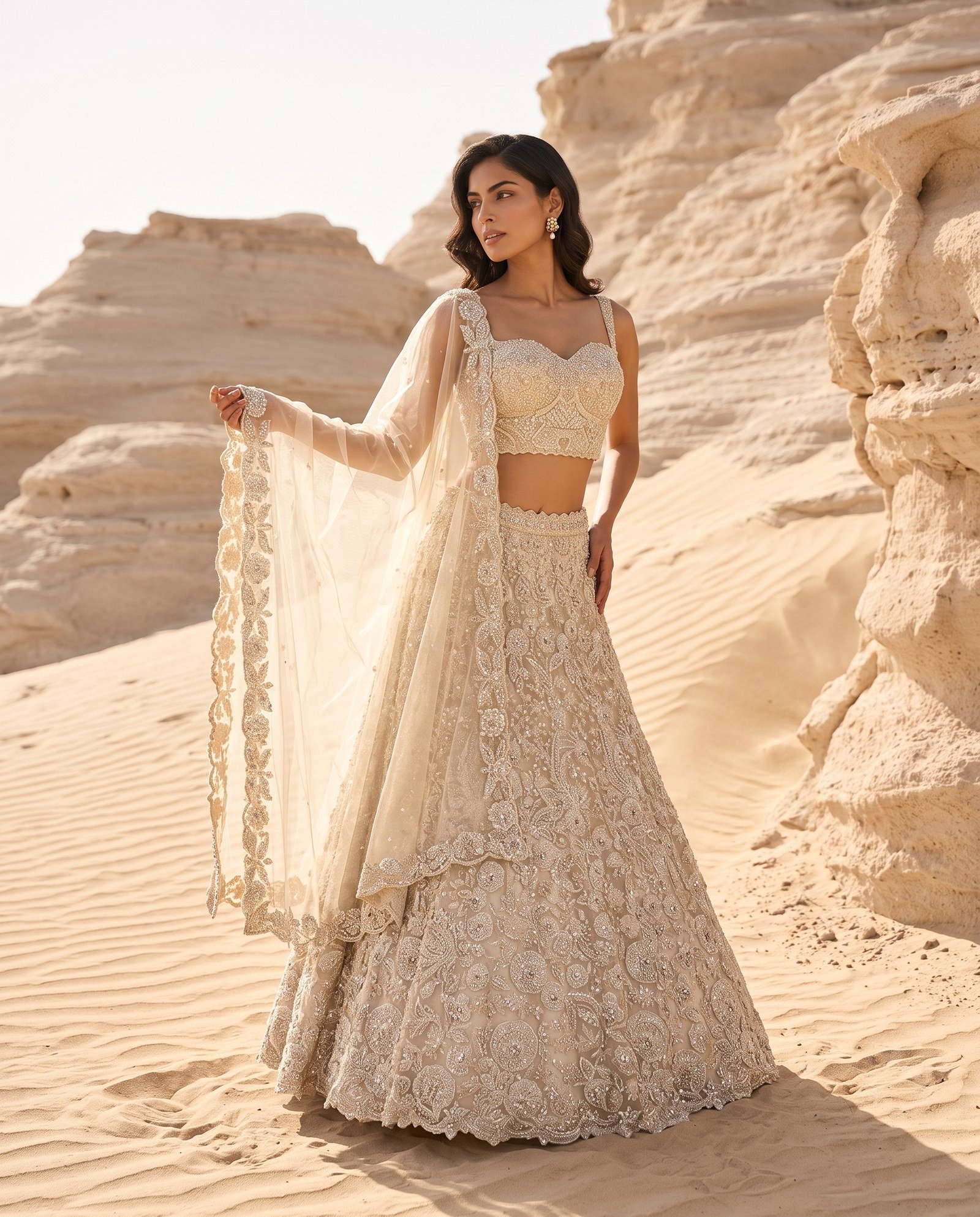 Pearls and Petals lookbook — Ivory Lehenga Set, Ivory · Bridal Lehenga: An ivory lehenga set worked tone-on-tone in pearl, zardozi and hand-cut petals — quiet luxury for a Christian or day ceremony.