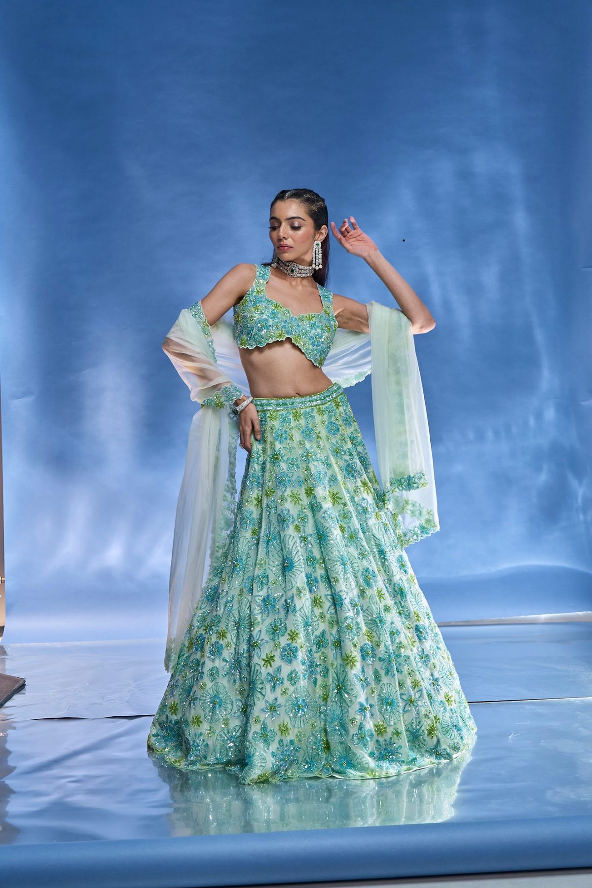 Light Sage Green Lehenga Set — Light Sage Green Bridal Lehenga by Charmie Galaiya