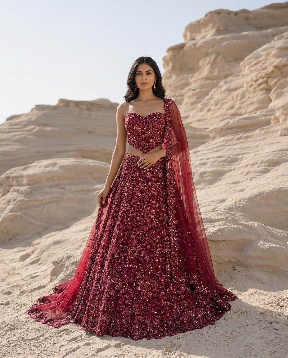 Pearls and Petals lookbook — Magenta Lehenga Set, Magenta · Bridal Lehenga: A magenta lehenga set in dense floral zardozi with pearl and sequin handwork — the collection's closing statement.