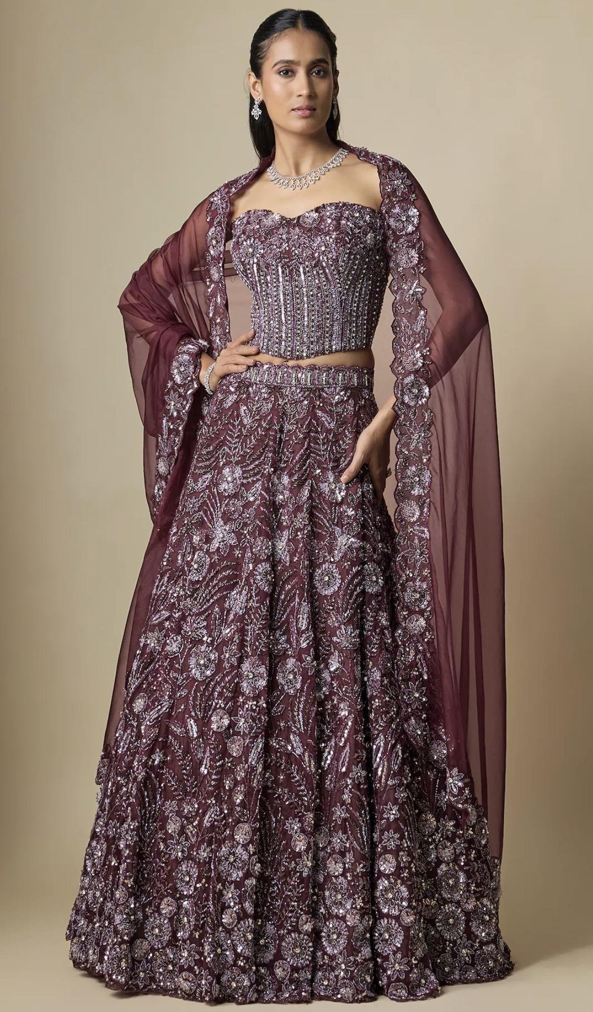 Celestial Reverie lookbook — Mahogany Lehenga Set, Mahogany · Bridal Lehenga: A mahogany lehenga set from the Scarlet Rose collection — hand-crafted made-to-order couture by Charmie Galaiya.