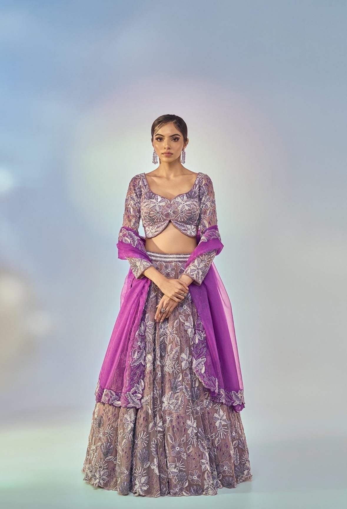 Sea Side Whispers lookbook — Mauve Sea's Majesty, Butterfly Surf: A butterfly-mauve blouse with a coral-inspired hand-embroidered lehenga and dupatta set.