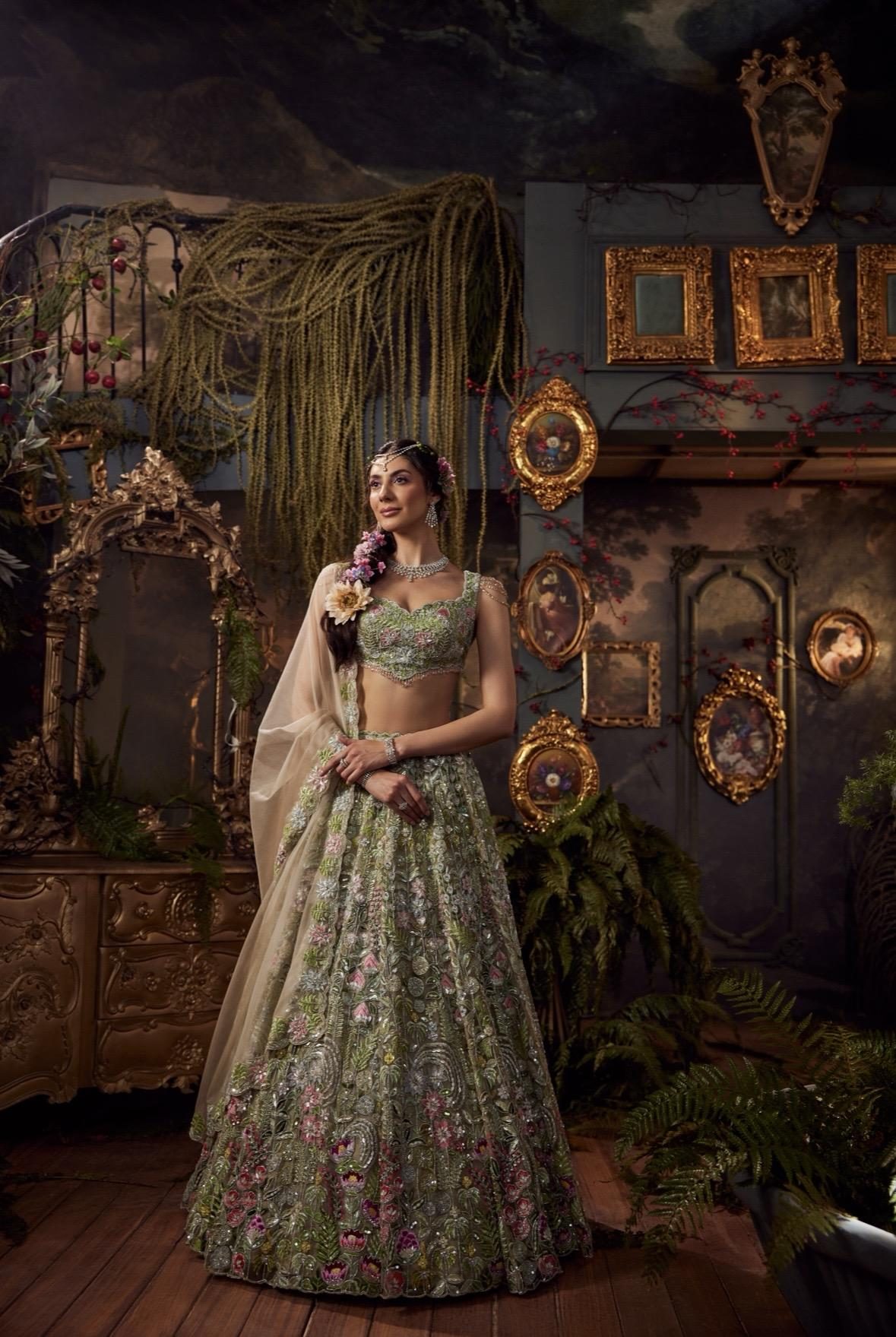 Phool Bahar lookbook — Ivora, Olive Bloom: A textured olive-bloom base with intricate floral embroidery and soft pink blossoms — earthy, romantic and naturally luxurious.