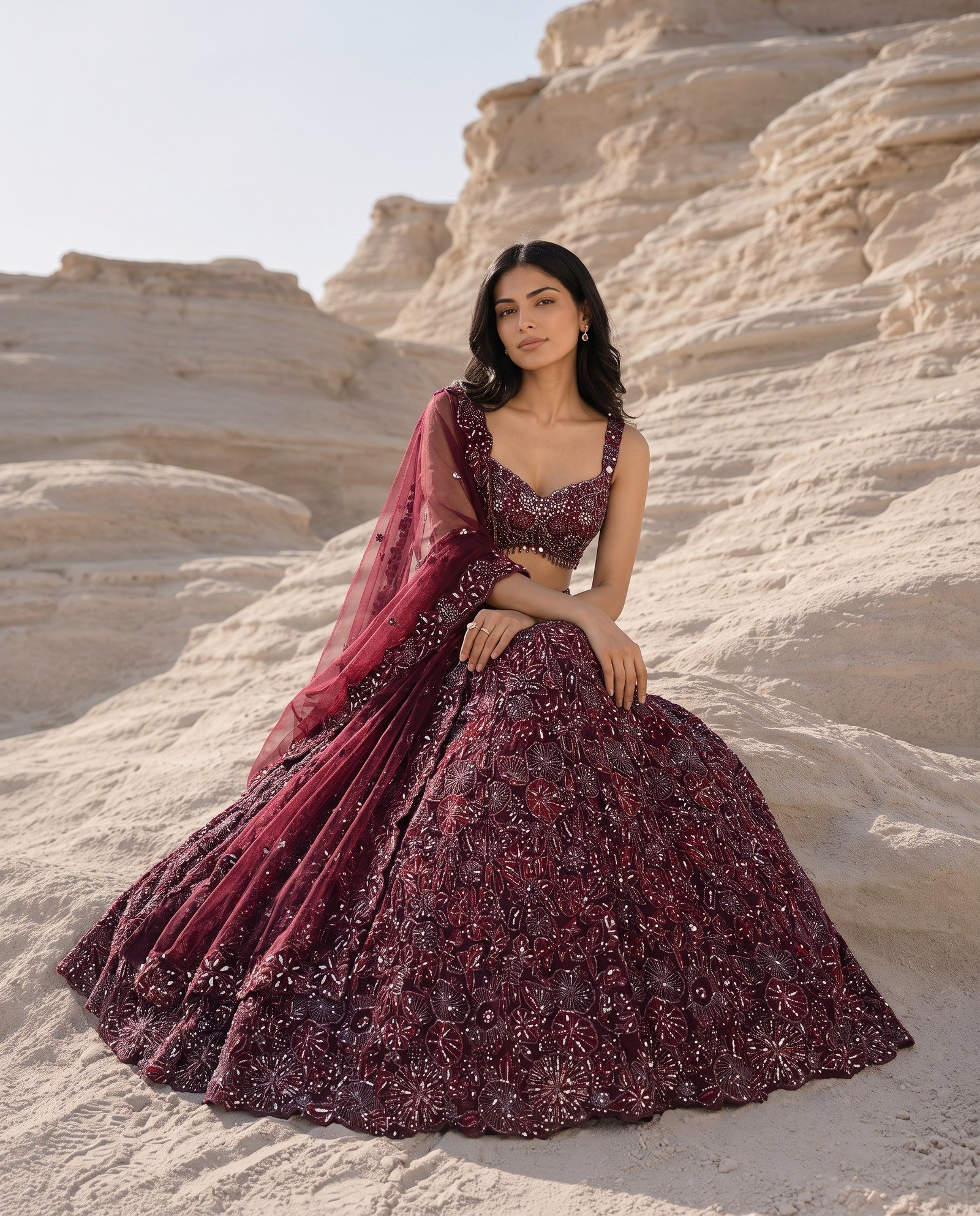 Pearls and Petals lookbook — Mulberry Wine Lehenga Set, Mulberry Wine · Bridal Lehenga: A mulberry-wine lehenga set in sequin and zardozi handwork with three-dimensional florals — deep, warm and evening-ready.