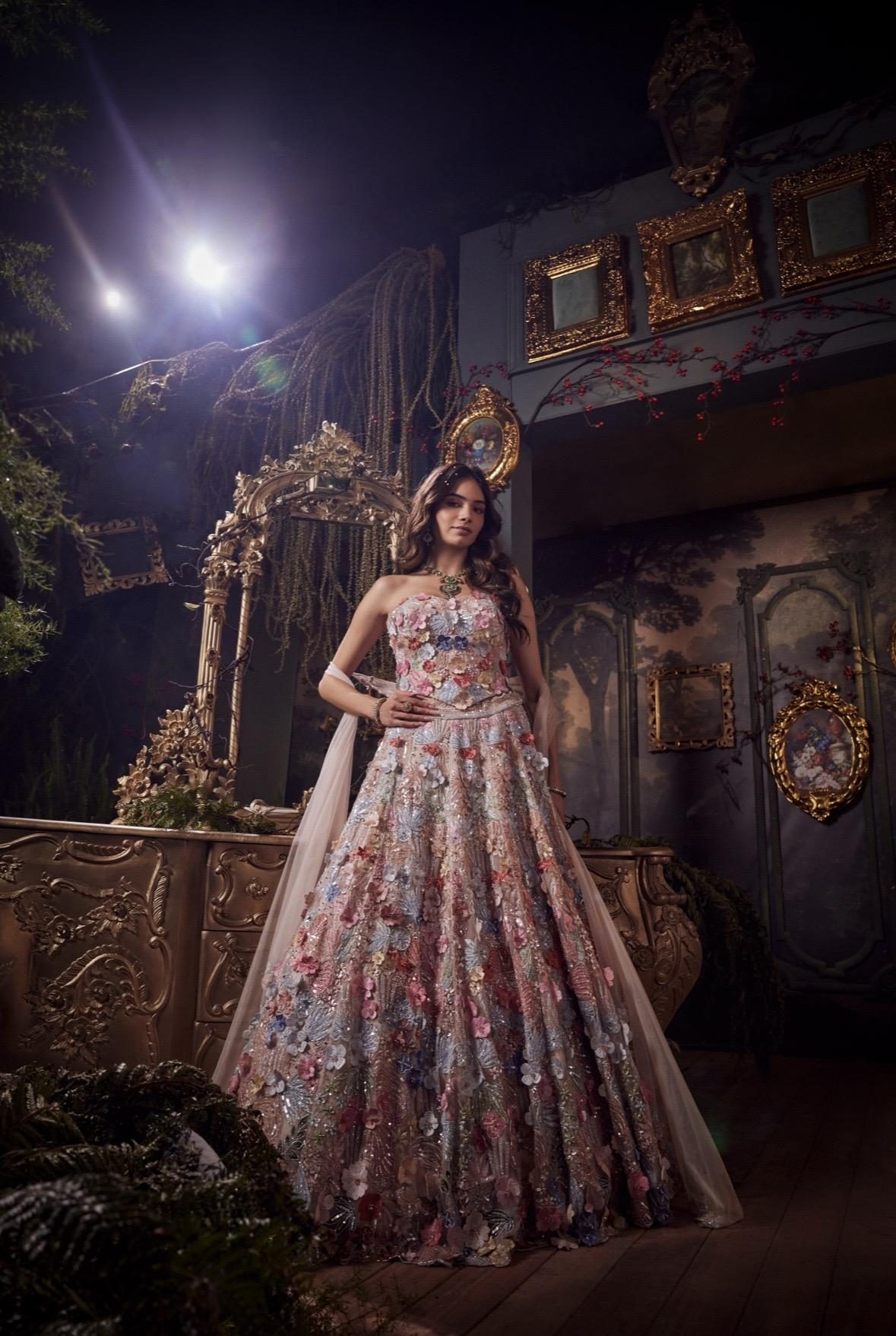 Phool Bahar lookbook — Vela Dune, Champagne Dune: A warm champagne-dune lehenga with floral embellishment and antique-toned details — heirloom richness for understated grandeur.