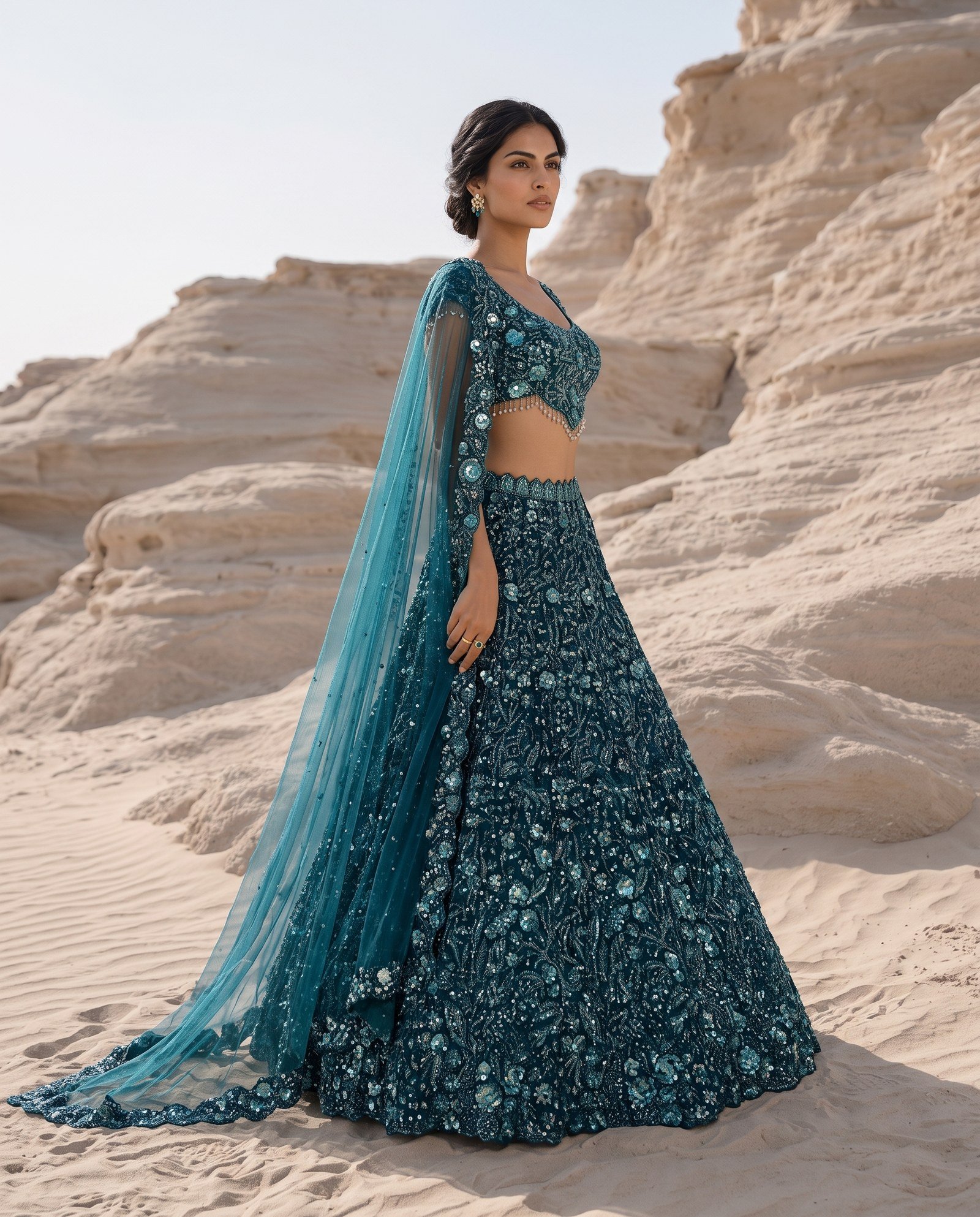 Pearls and Petals lookbook — Peacock Teal Lehenga Set, Peacock Teal · Bridal Lehenga: A peacock-teal lehenga set in pearl, cutdana and three-dimensional petal work with a trailing dupatta.