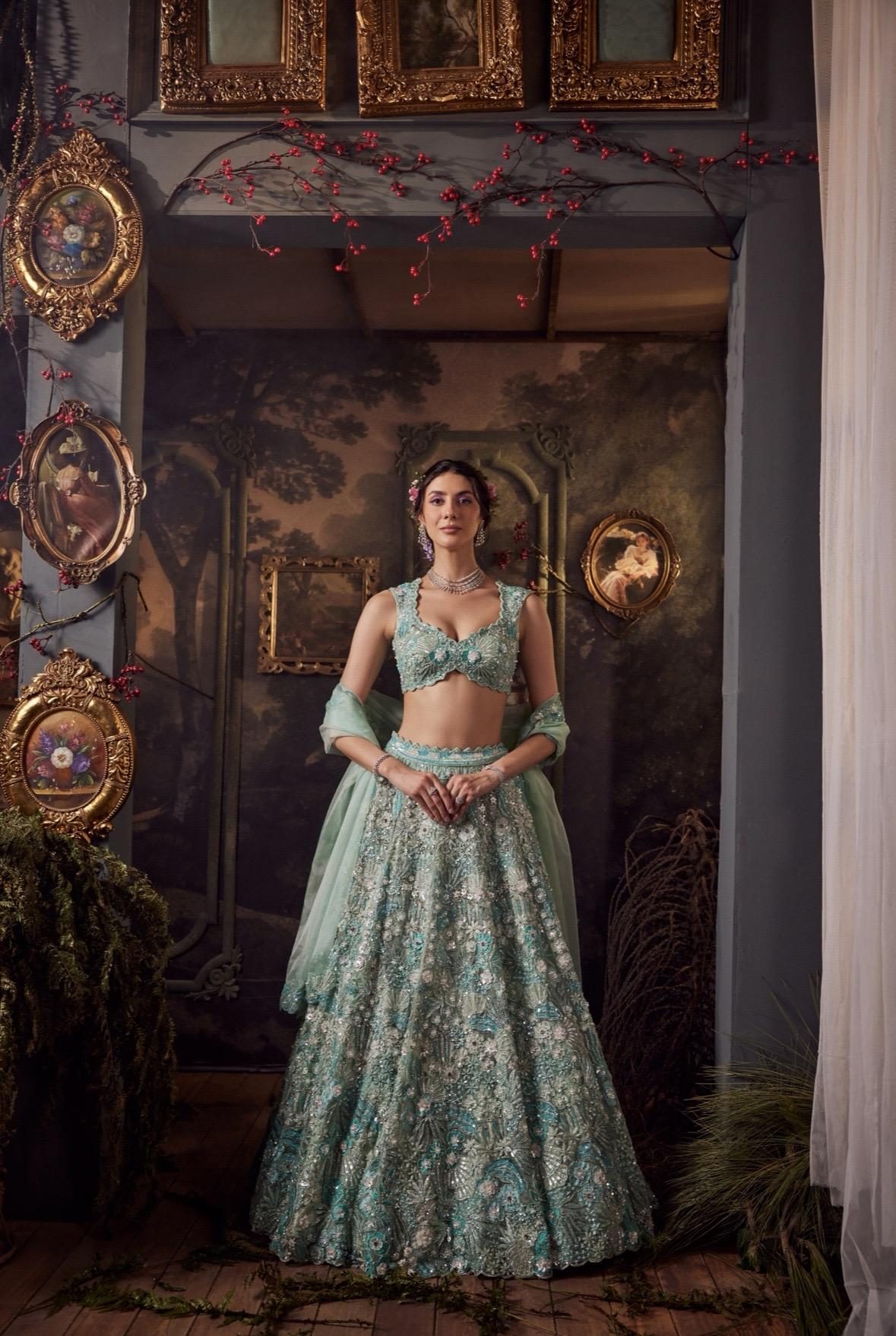 Phool Bahar lookbook — Vera Moss, Jade Haze: A serene jade-haze base with intricate motifs and a soft shimmer — a sculpted yet fluid fall, softness with a bold edge.