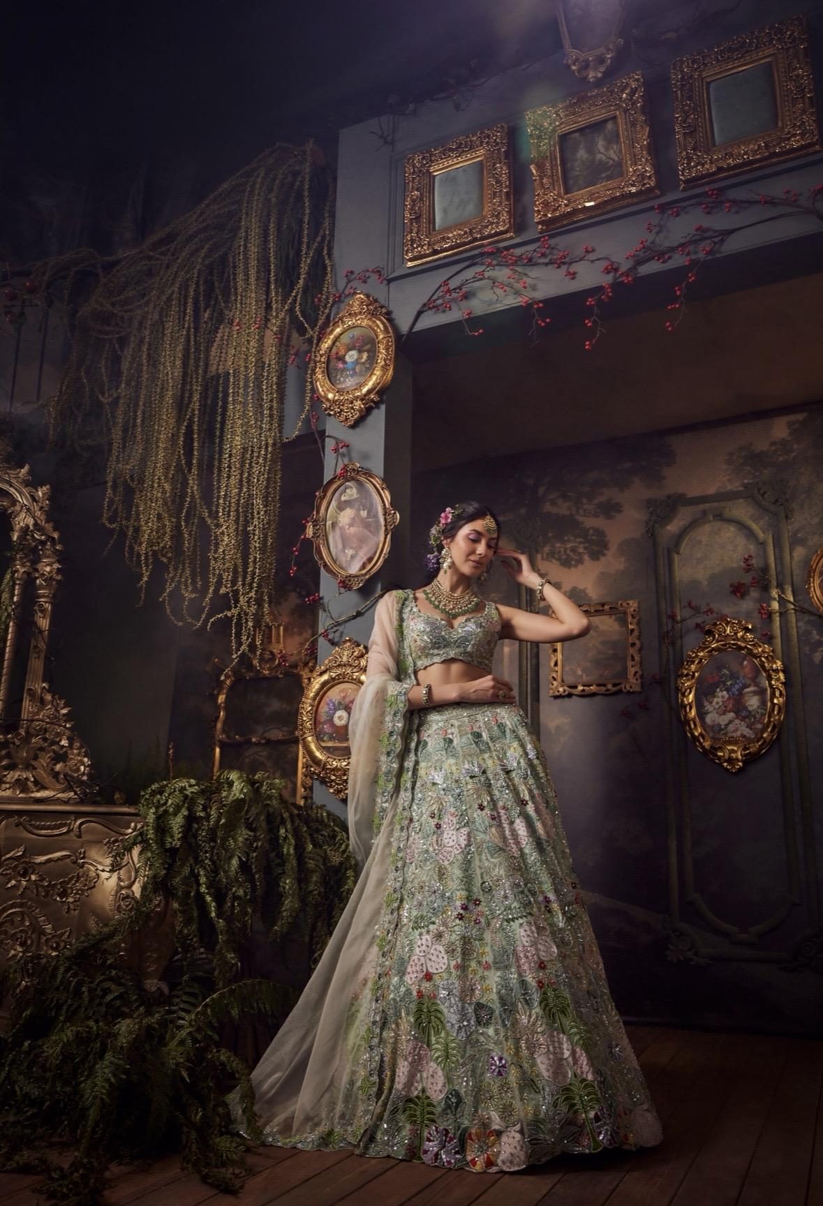 Phool Bahar lookbook — Elyn, Minted Bloom: A soft mint-green lehenga adorned with floral resham and sequin embroidery — light, graceful and effortlessly luminous.
