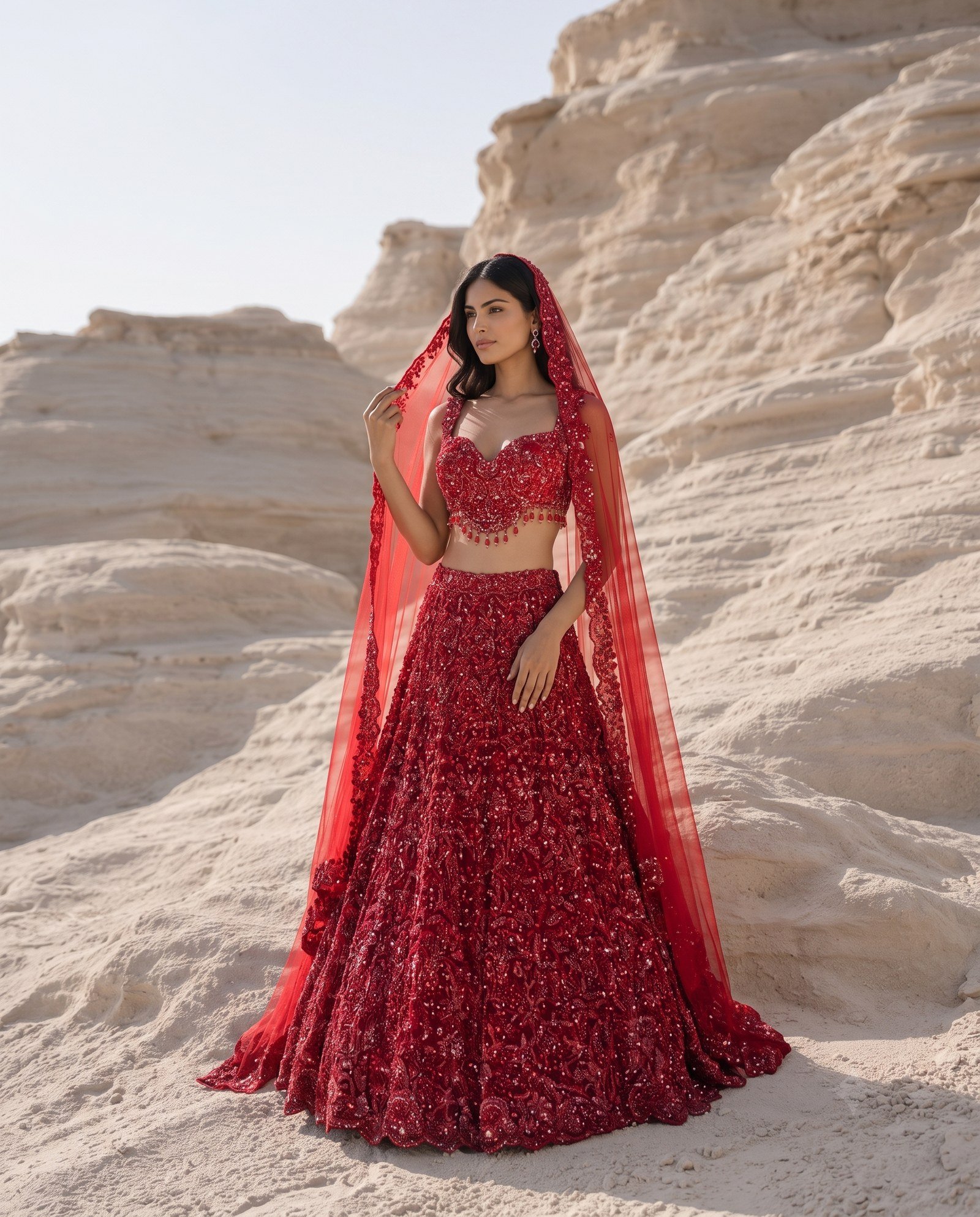 Pearls and Petals lookbook — Scarlet Red Lehenga Set, Scarlet Red · Bridal Lehenga: A scarlet-red lehenga set in three-dimensional florals and zardozi — the classic bridal red, rebuilt in relief.