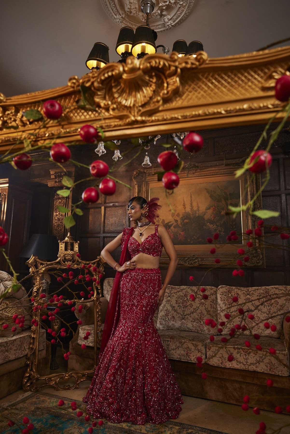 Scarlet Rose lookbook — Scarlet Red Lehenga Set, Scarlet Red · Bridal Lehenga: A scarlet-red fishtail lehenga set in dense zardozi and sequin florals — the collection's namesake red, built in relief.